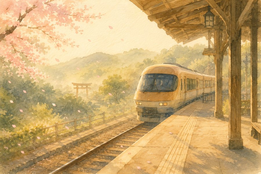 桜咲く奈良の駅ホームに入る近鉄特急