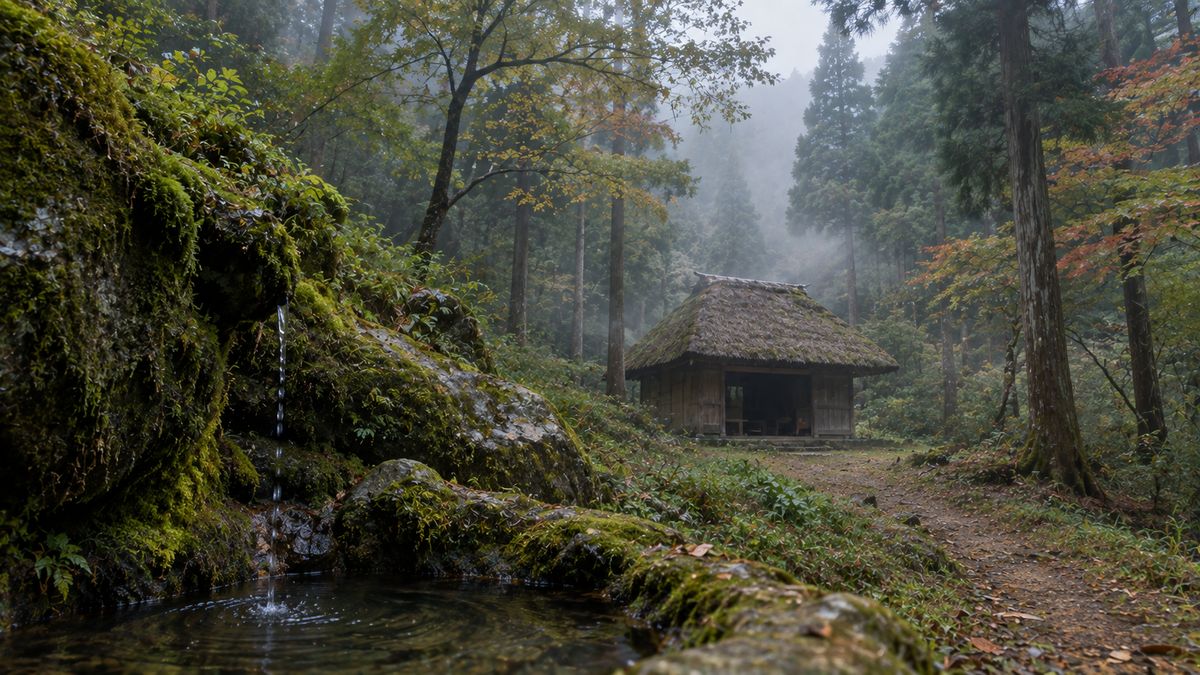 Deep in a misty forest of tall cedars, a small hermitage with a thatched roof stands alone in a little clearing. In the foreground, a thin thread of water falls from moss-covered rocks into a small pool. An earthen mountain path runs off to the right, and the leaves of the surrounding trees are beginning to turn yellow and red.
