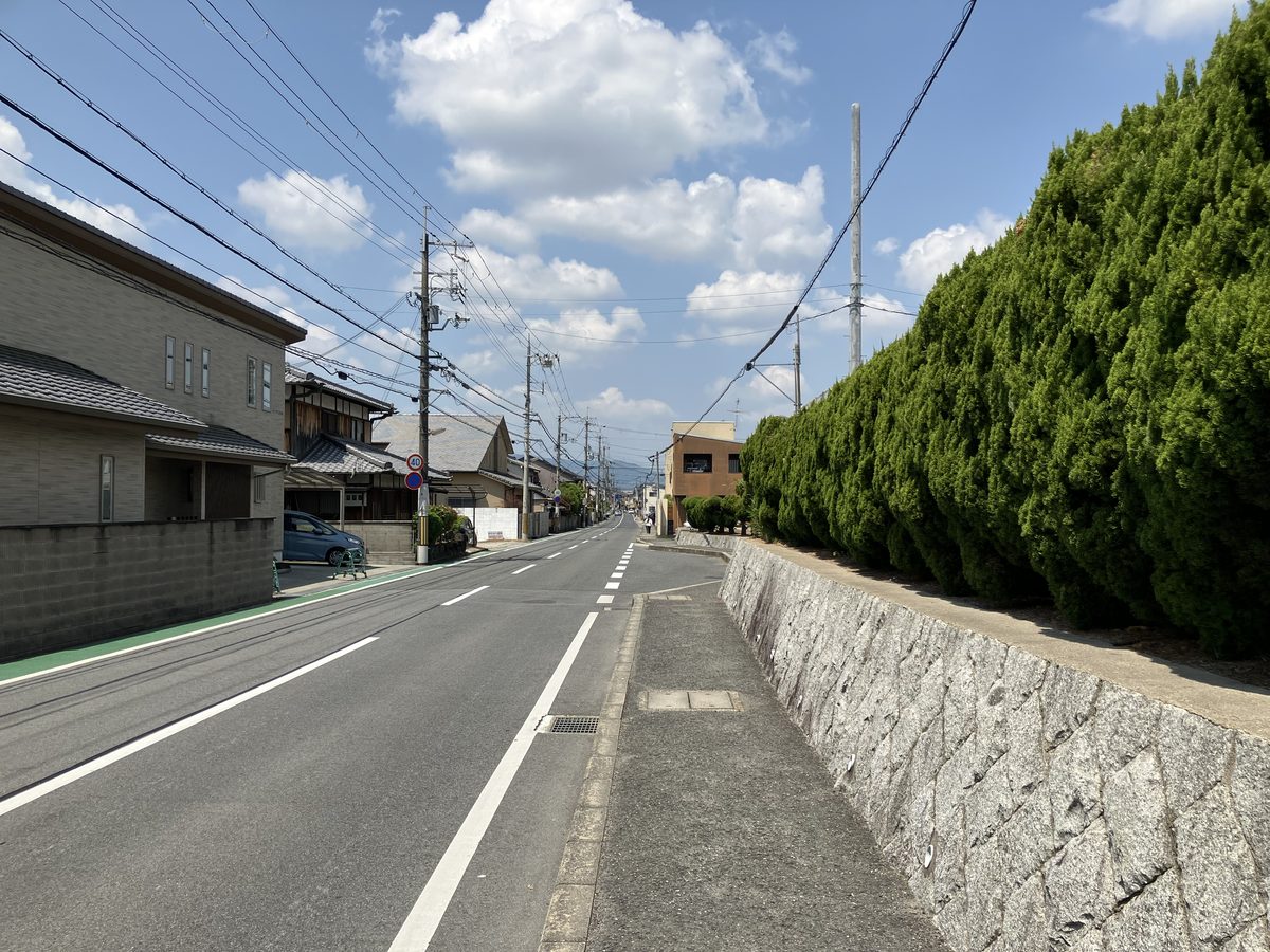 一条高校の敷地を右手にして直進する道